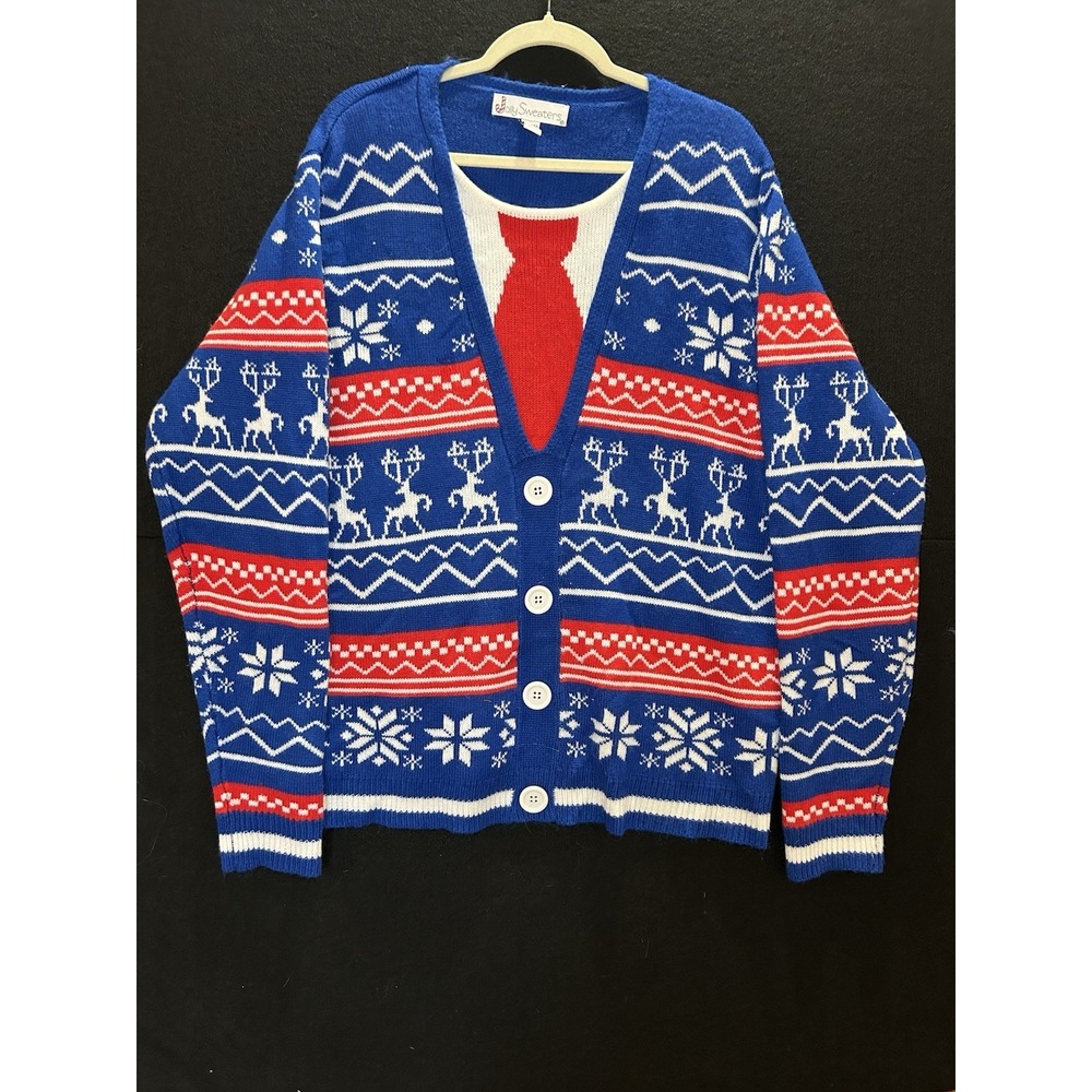 Jolly Sweaters 2X Christmas Sweater Cardigan Look Tie Ugly Holiday